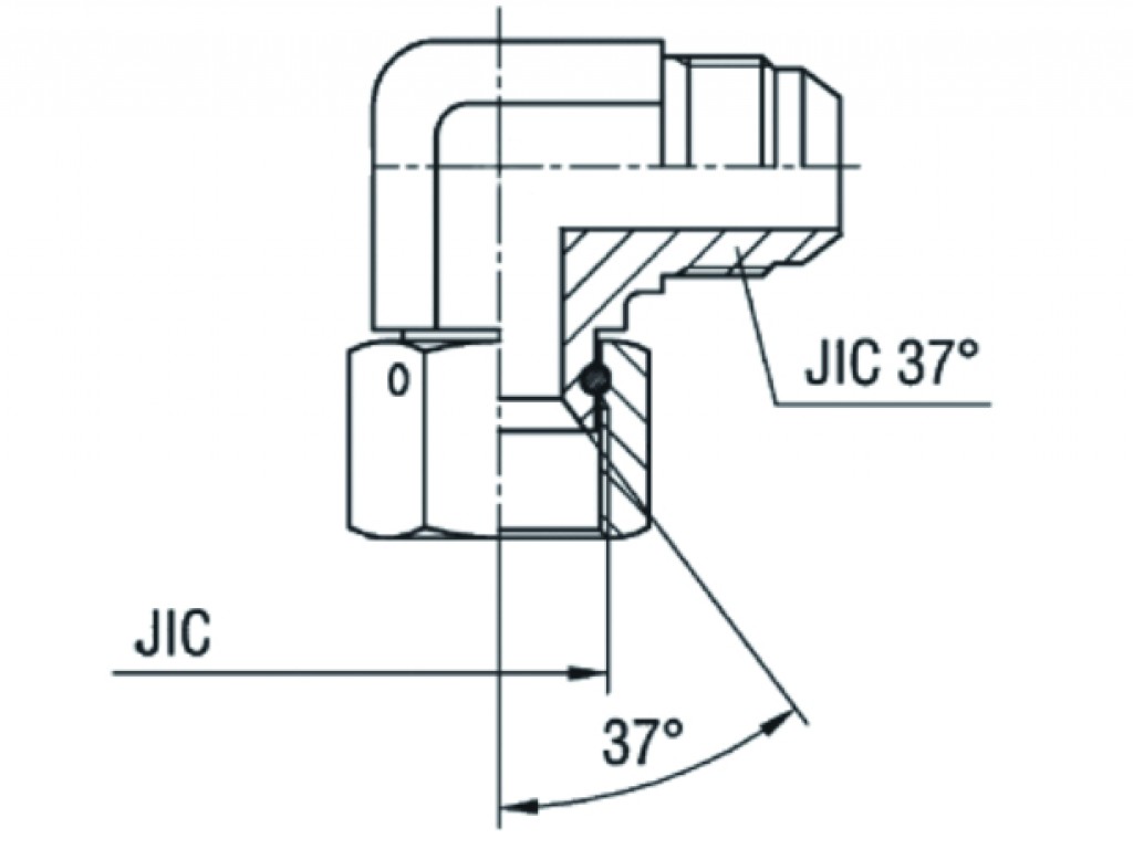 Adaptador 90° Fêmea Giratória JIC 37° x Macho JIC 37°