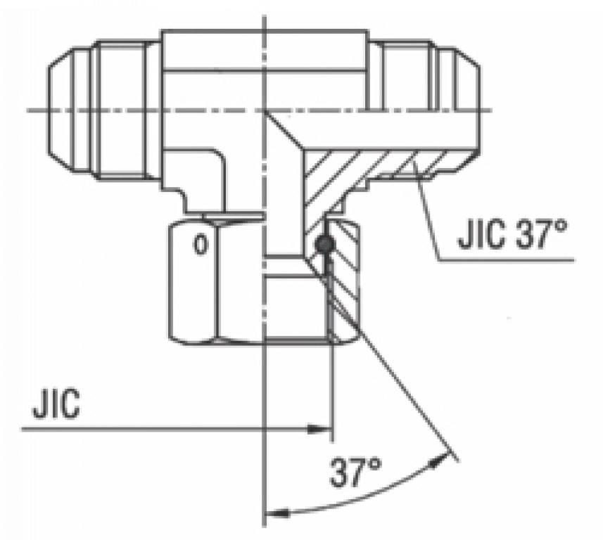 Adaptador Tee Central Fêmea Giratória JIC 37° x Macho JIC 37°