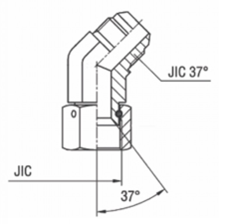 Adaptador 45° Fêmea Giratória JIC 37° x Macho JIC 37°